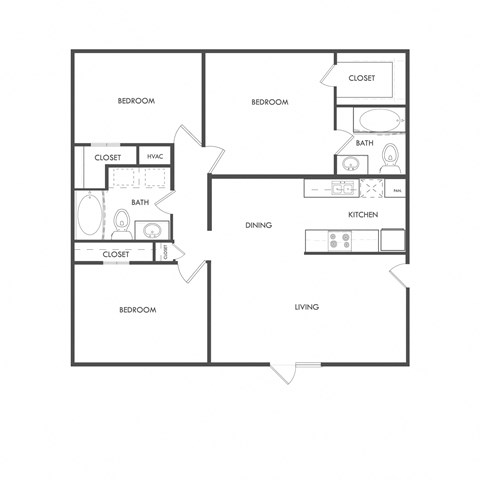Floor plan for 3 beds, 2 baths, 1142 sqft